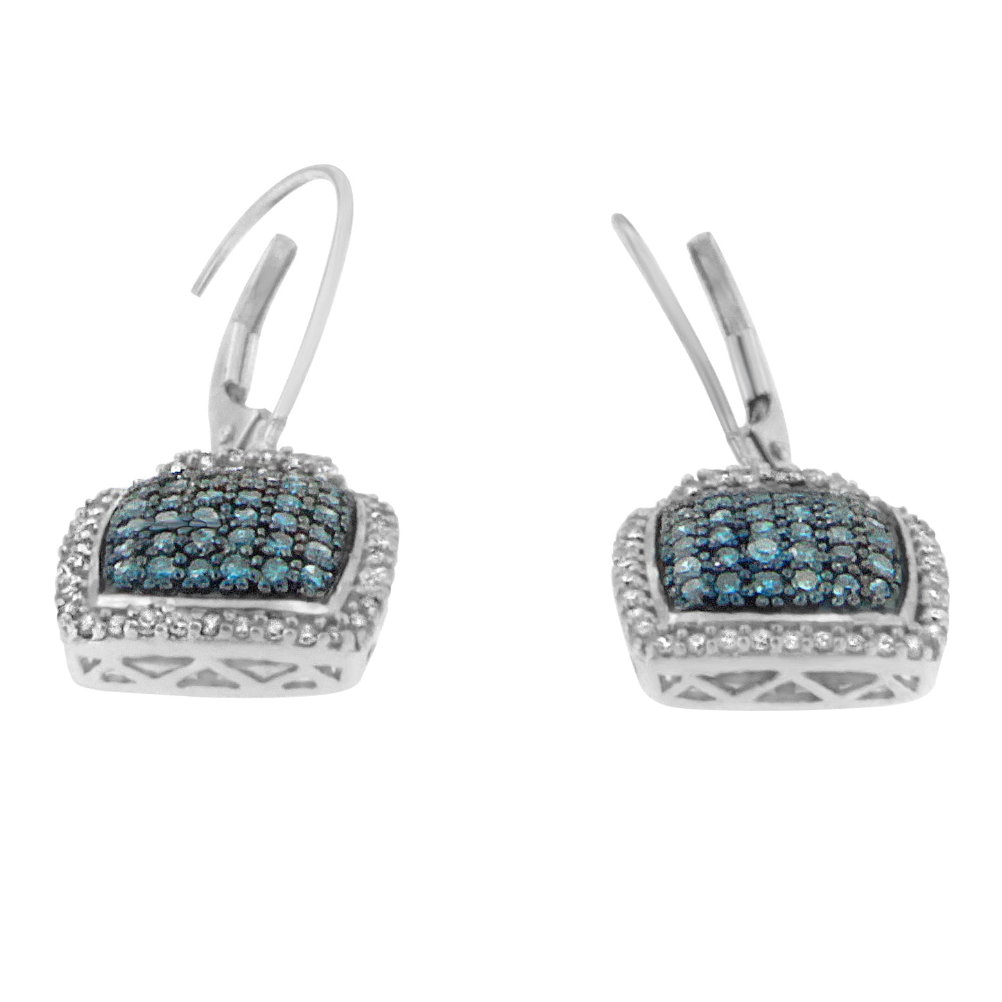 Close-up front angle of a pair of white metal square-shaped earrings with white prong-set round gemstones surrounding blue pave-set round gemstones on each earring.