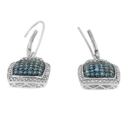 Close-up front angle of a pair of white metal square-shaped earrings with white prong-set round gemstones surrounding blue pave-set round gemstones on each earring.