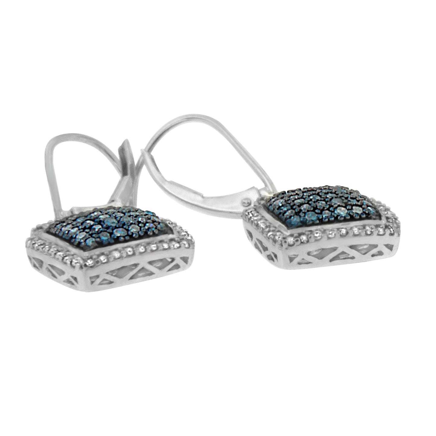 Close-up front angle of white metal square-shaped earrings with blue round gemstones in pave setting on top surface and white round gemstones in prong setting along the edges, shown on a white background.