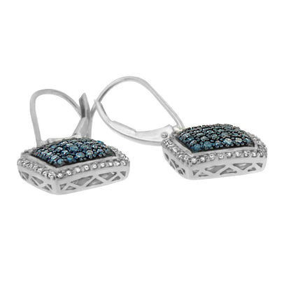 Close-up front angle of white metal square-shaped earrings with blue round gemstones in pave setting on top surface and white round gemstones in prong setting along the edges, shown on a white background.