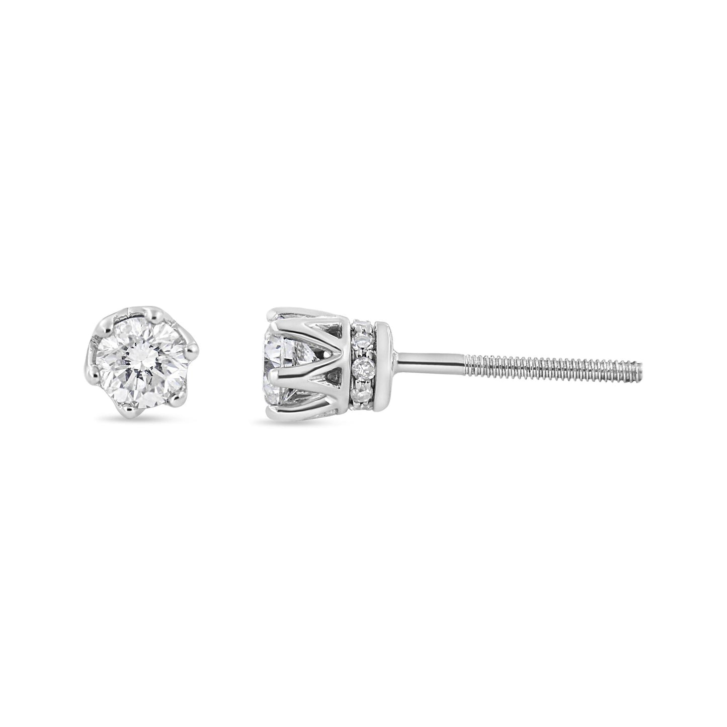 Close-up front and side view of white metal stud earrings featuring round white gemstones in six-prong and pave settings.