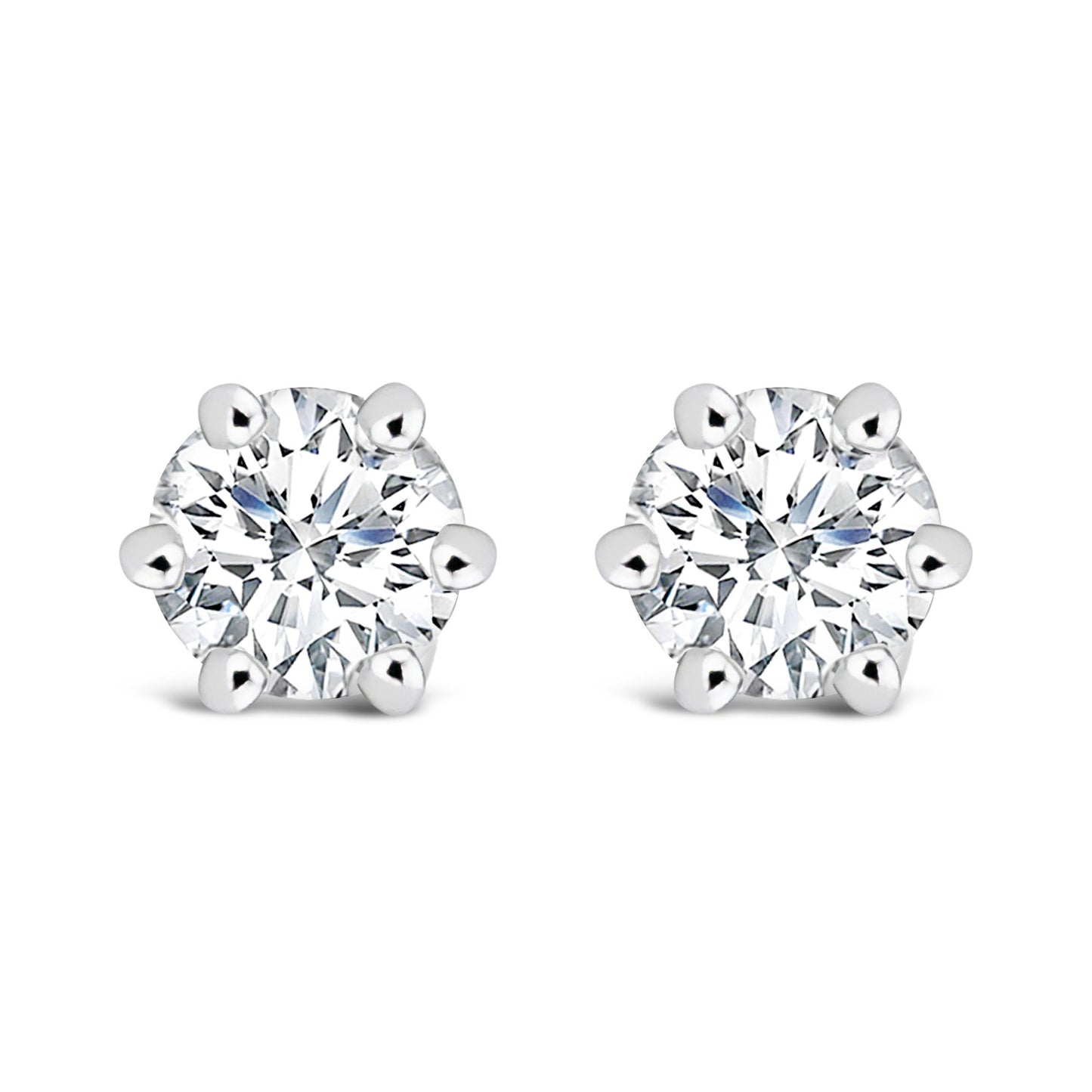 Pair of white metal stud earrings with round white gemstones in six-prong settings, shown from the front on a white background.
