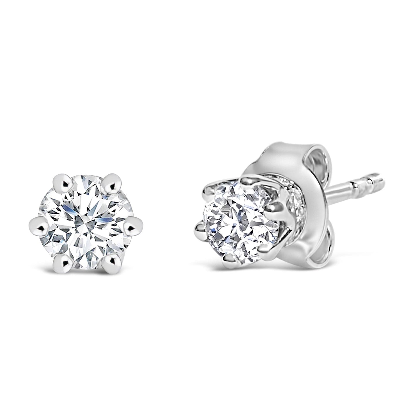 Close-up front and side view of a pair of white stud earrings featuring round white gemstones in six-prong and pave settings.