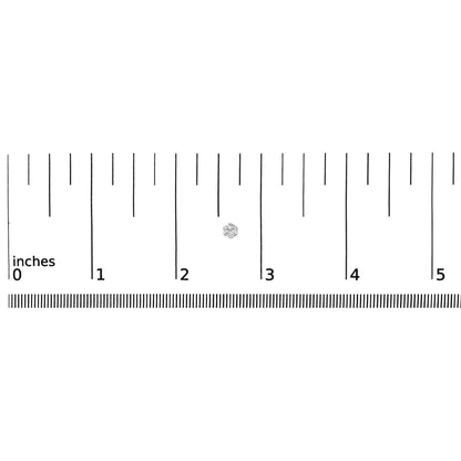 White metal stud earring with a central round white gemstone in six-prong setting surrounded by smaller round white gemstones in pave setting, shown on a ruler for size reference, top view.