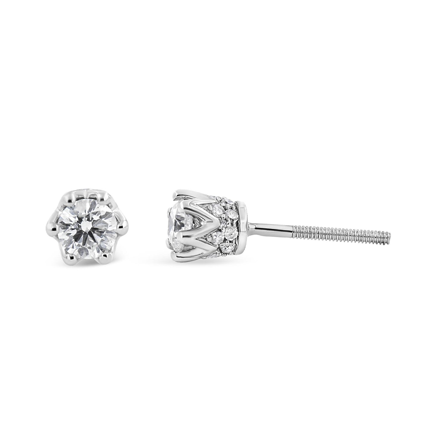 White metal stud earrings with round white gemstones in prong and pave settings, shown from front and side angles.