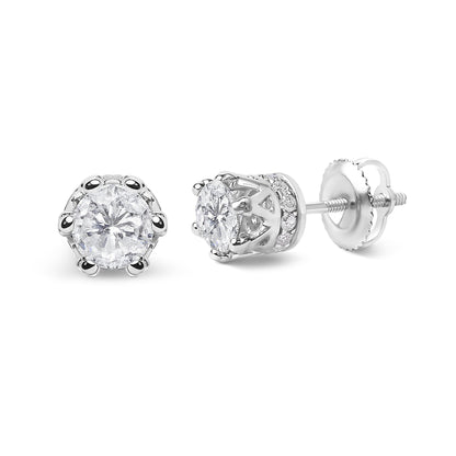 Close-up front and side view of white metal stud earrings featuring a round white gemstone in prong setting, surrounded by small round white gemstones in pave setting.