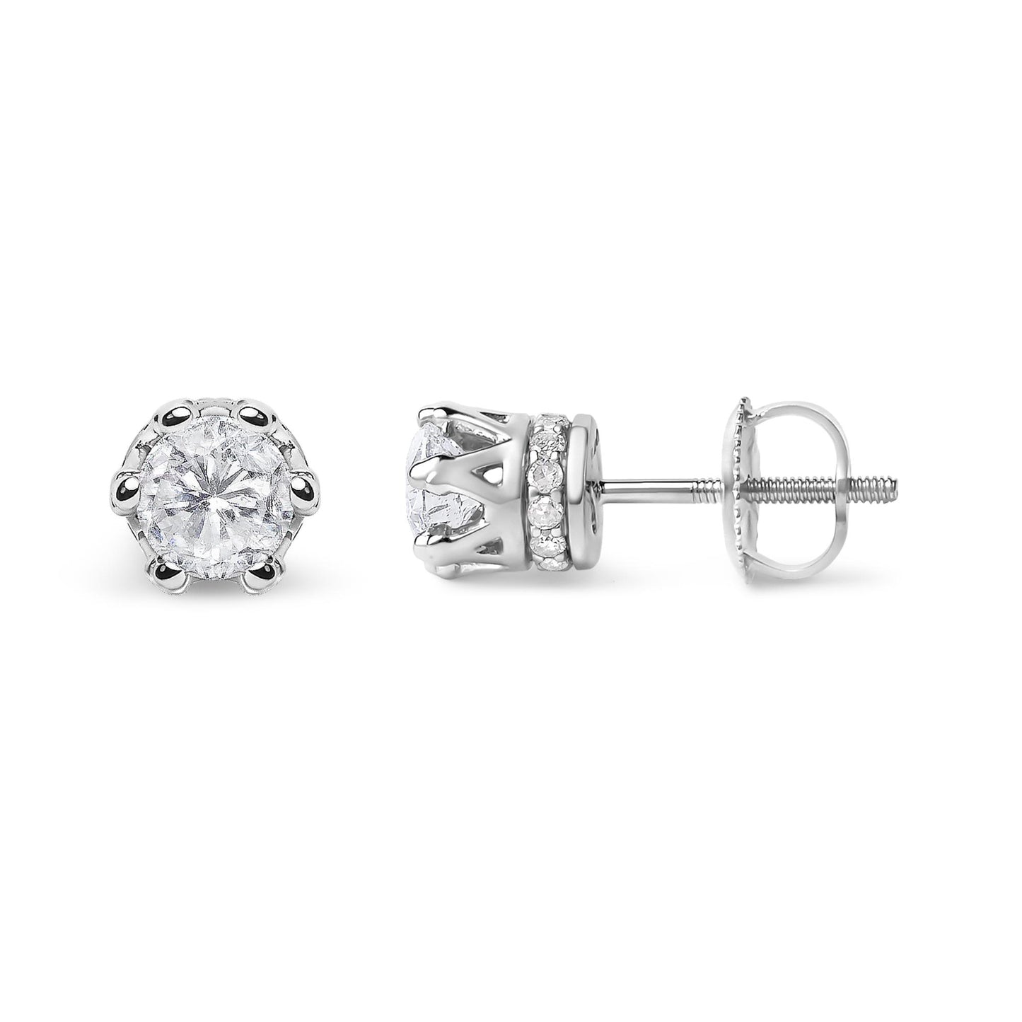 Pair of white metal stud earrings with round prong-set white gemstones in front and smaller round pave-set white gemstones on the side, shown from front and side angles.