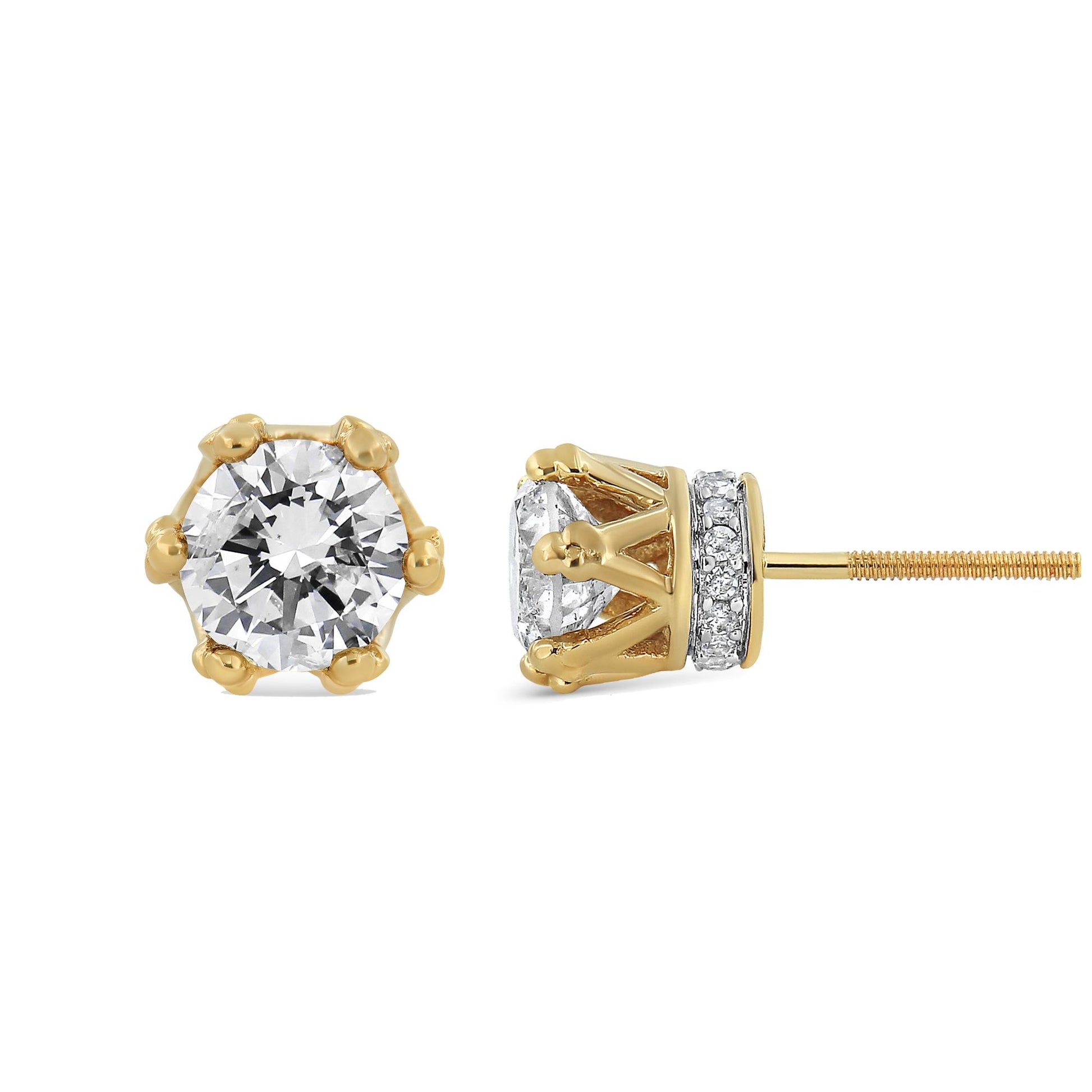 Pair of yellow metal stud earrings with a round white gemstone in prong setting, surrounded by smaller white gemstones in pave setting, shown from front and side angles.