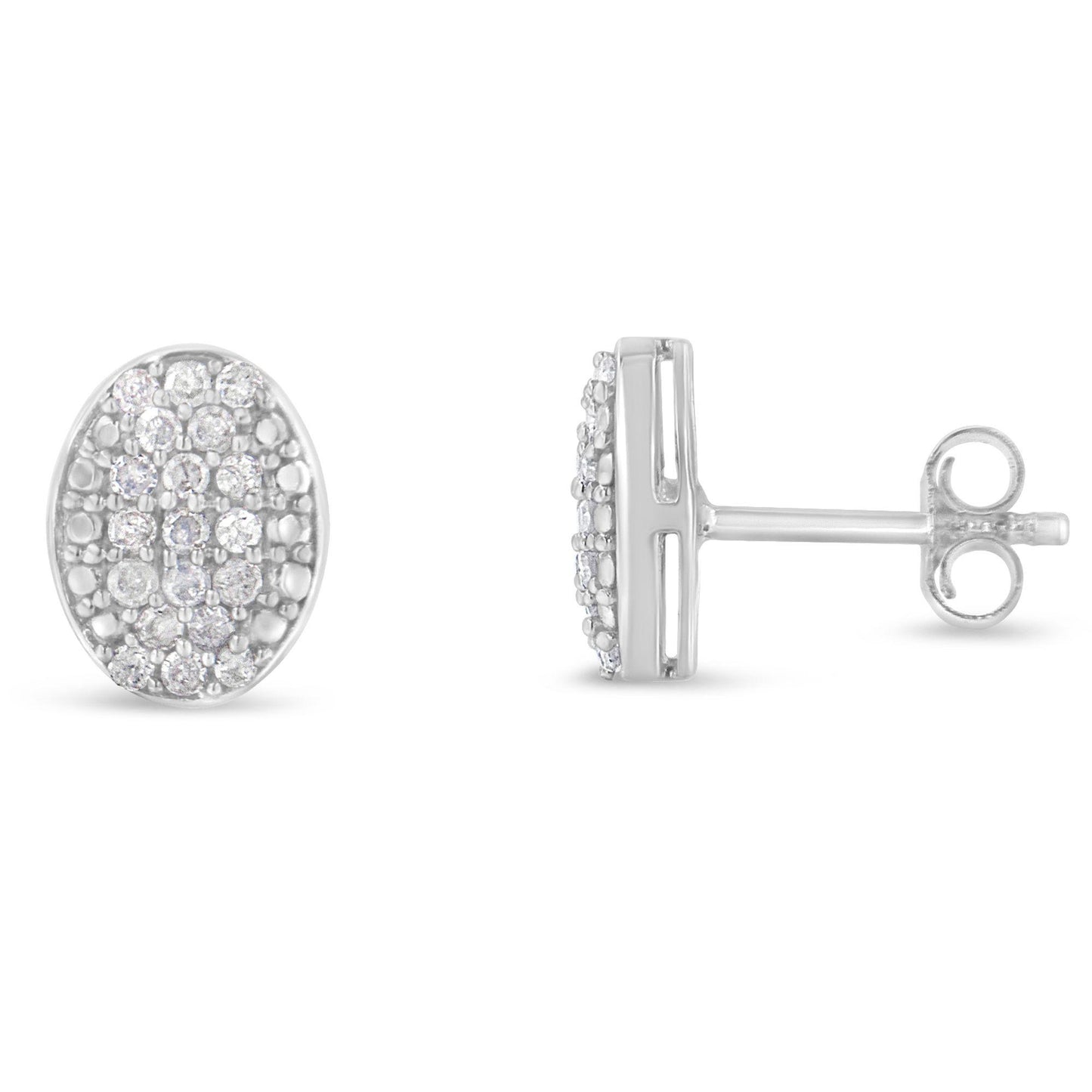 Pair of white metal oval stud earrings with round white gemstones in prong settings, shown from front and side angles.