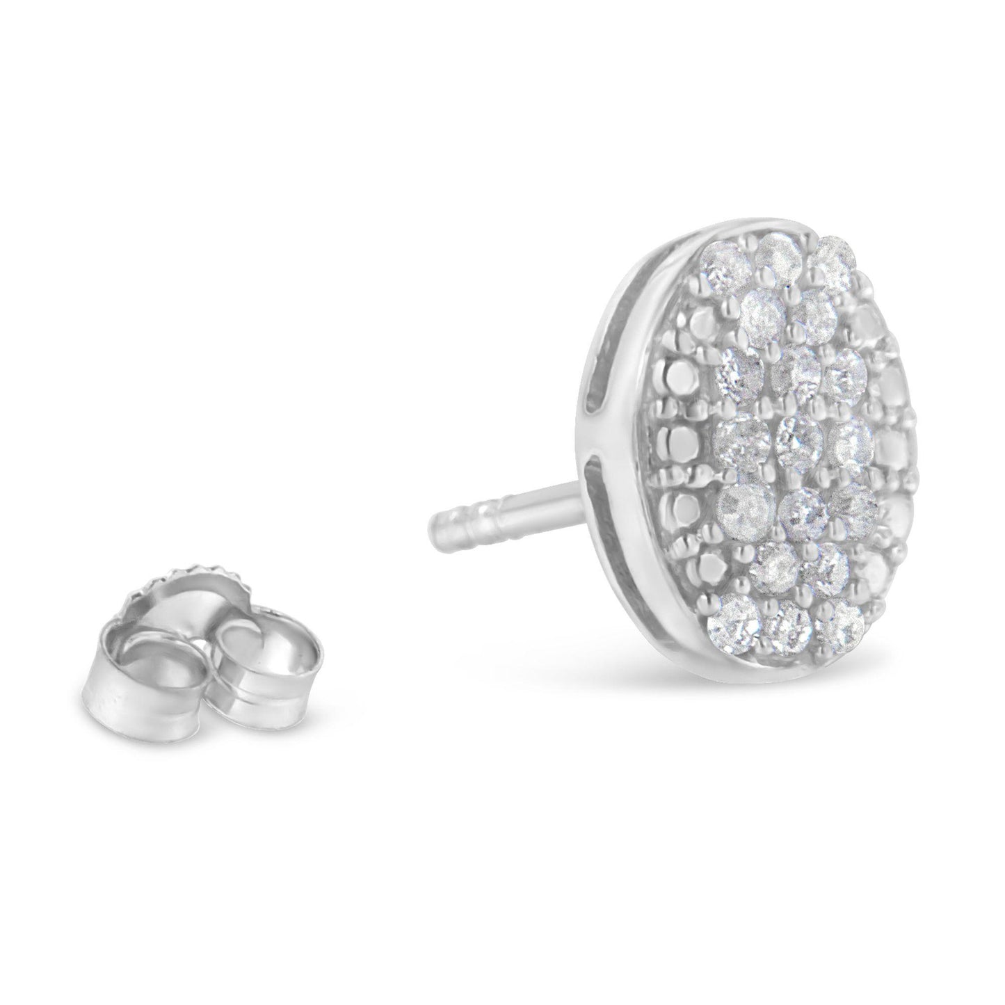 Close-up side angle of a white metal stud earring with multiple round white gemstones in prong settings, accompanied by a separate earring back.