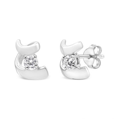Front and side angled view of white metal earrings with round white gemstones in prong settings.