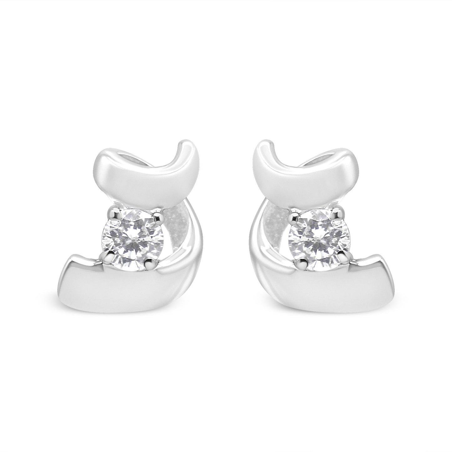 Pair of white metal earrings with a round white gemstone in prong setting, shown from the front angle.