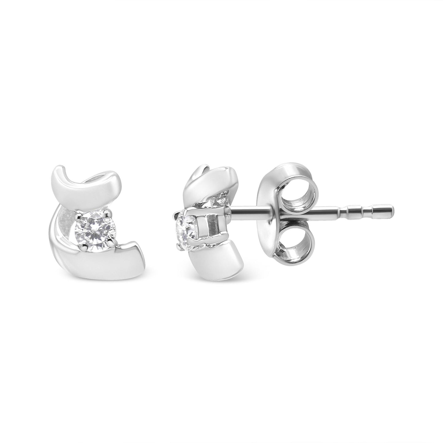 Close-up front and side view of white metal stud earrings with round white gemstones in prong settings.