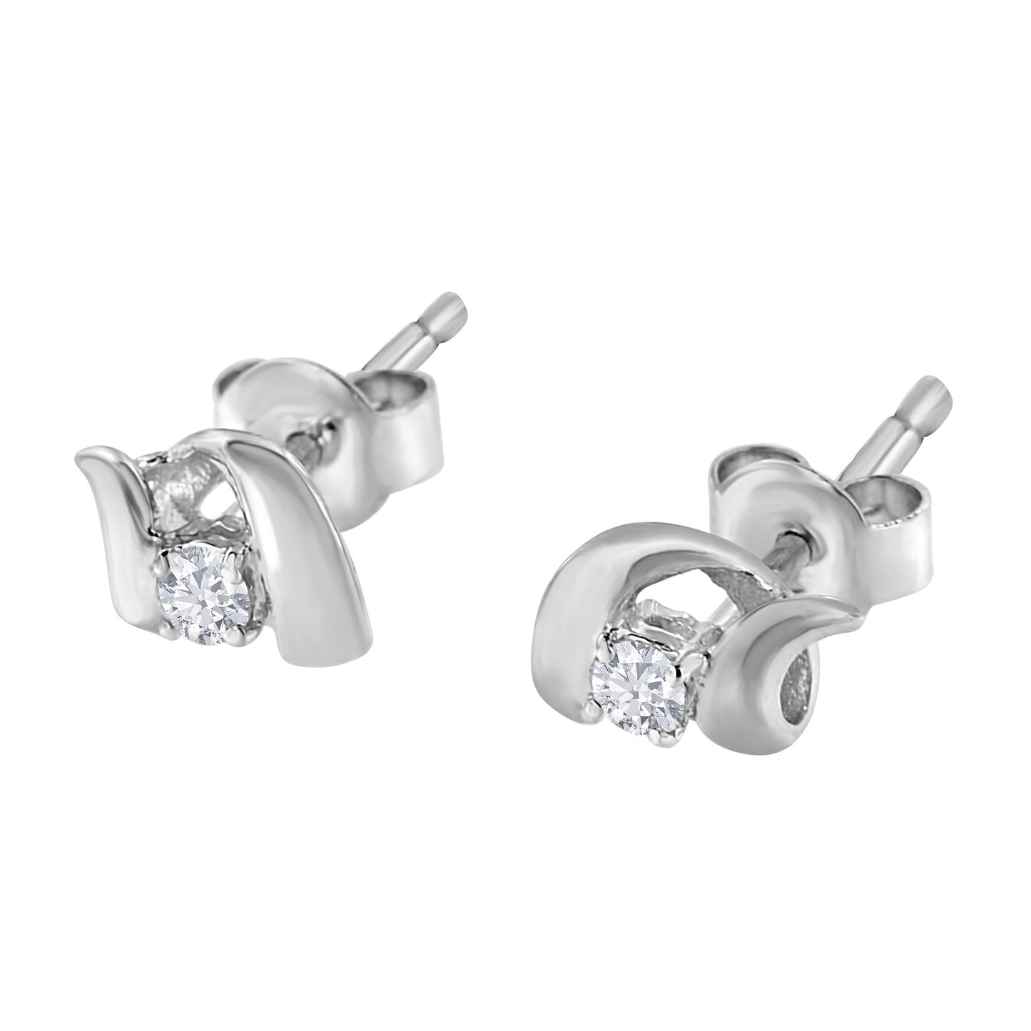 Pair of white metal stud earrings with a round white gemstone in prong setting, shown from a front angle.