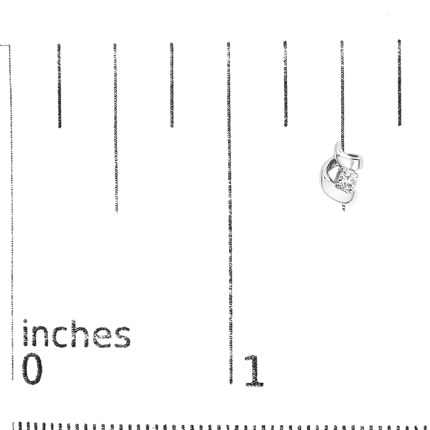White metal earring with a round white gemstone in prong setting, shown on a ruler for size reference, front angle.