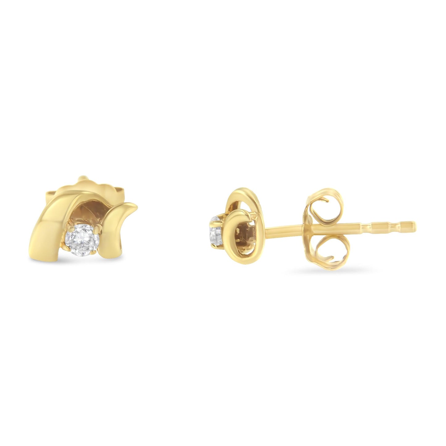 Close-up front and side view of yellow metal stud earrings with a round white gemstone in prong setting.