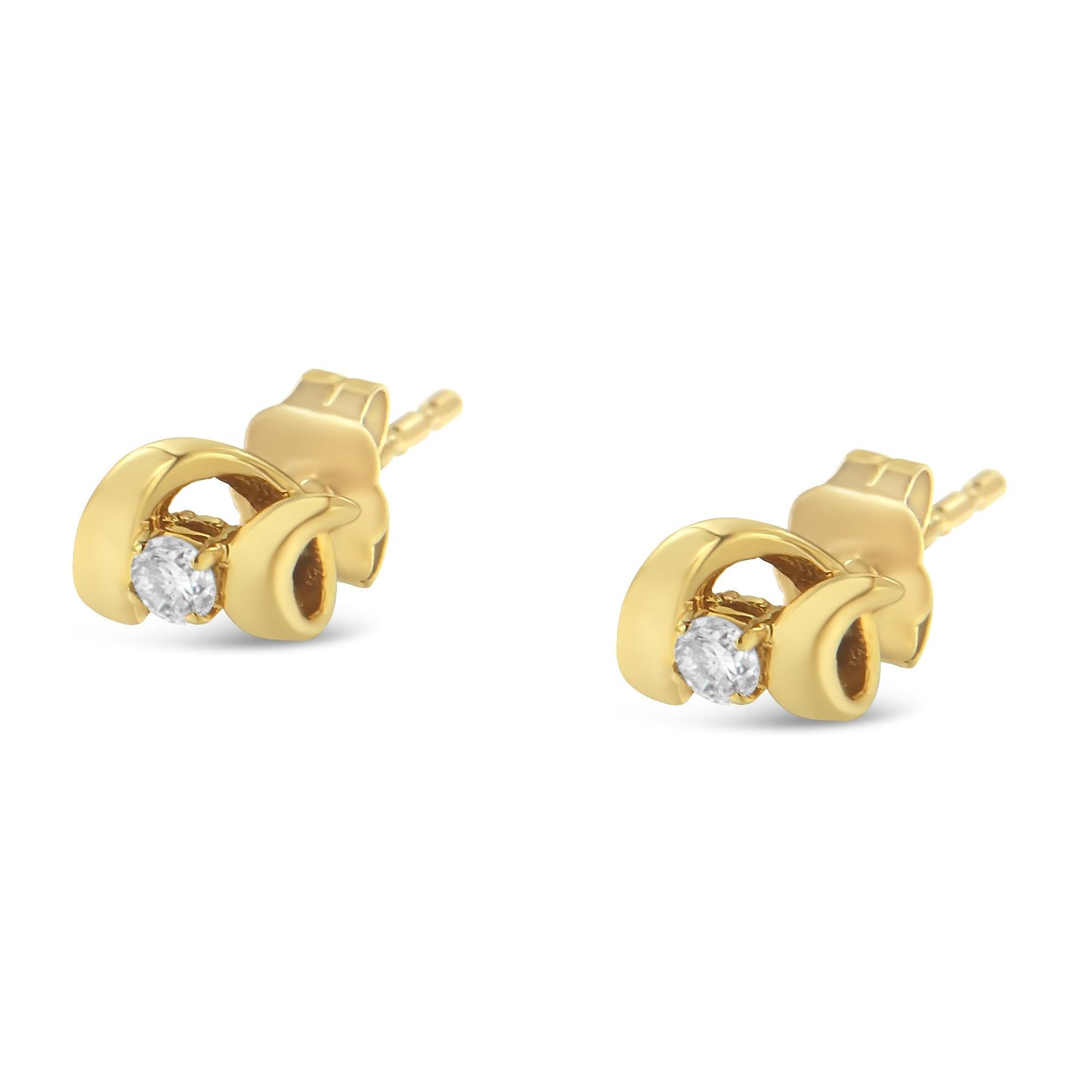 Front angled view of a pair of yellow metal stud earrings featuring a round white gemstone in prong settings.