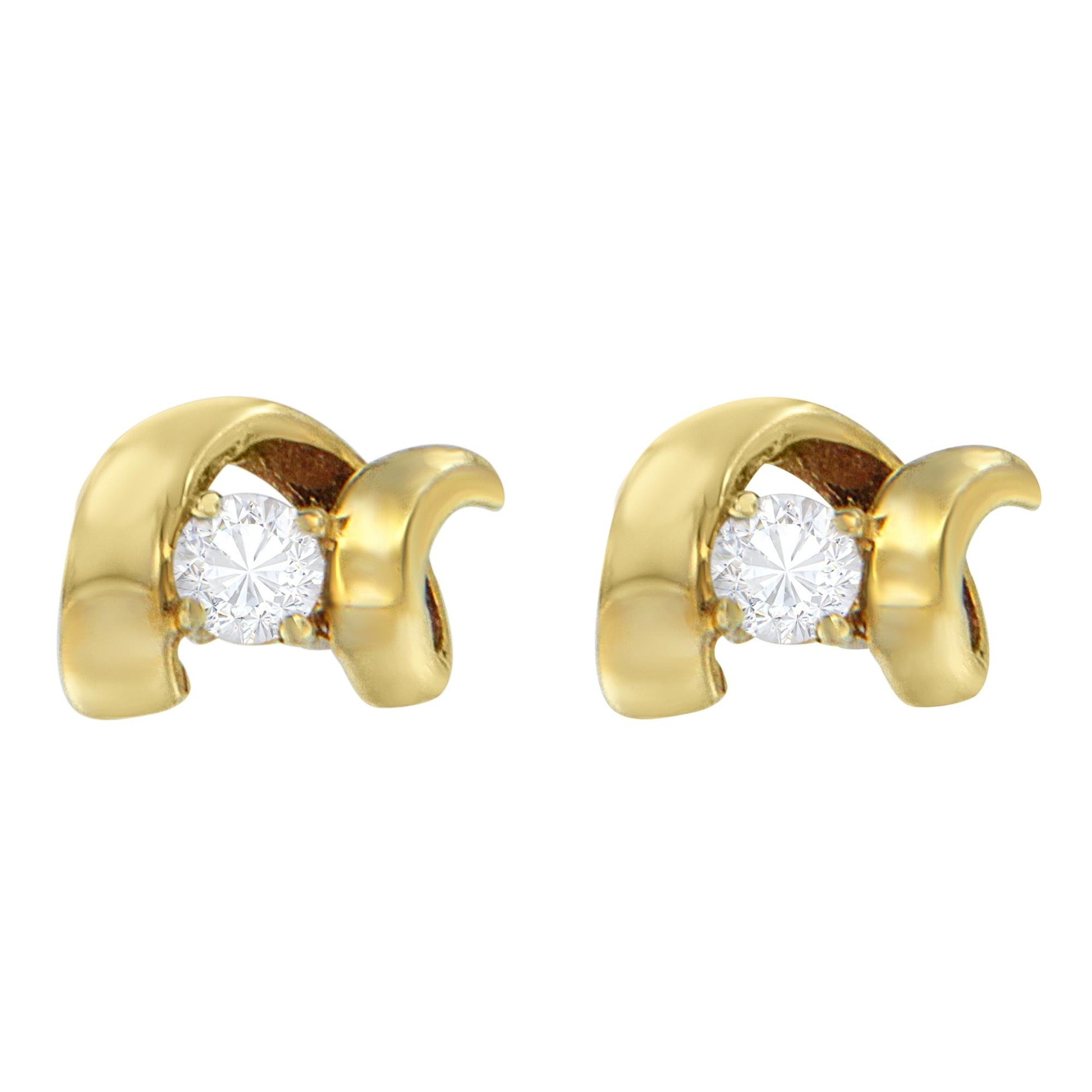 Front view of yellow metal stud earrings with a round white gemstone in prong setting, shown on a white background.