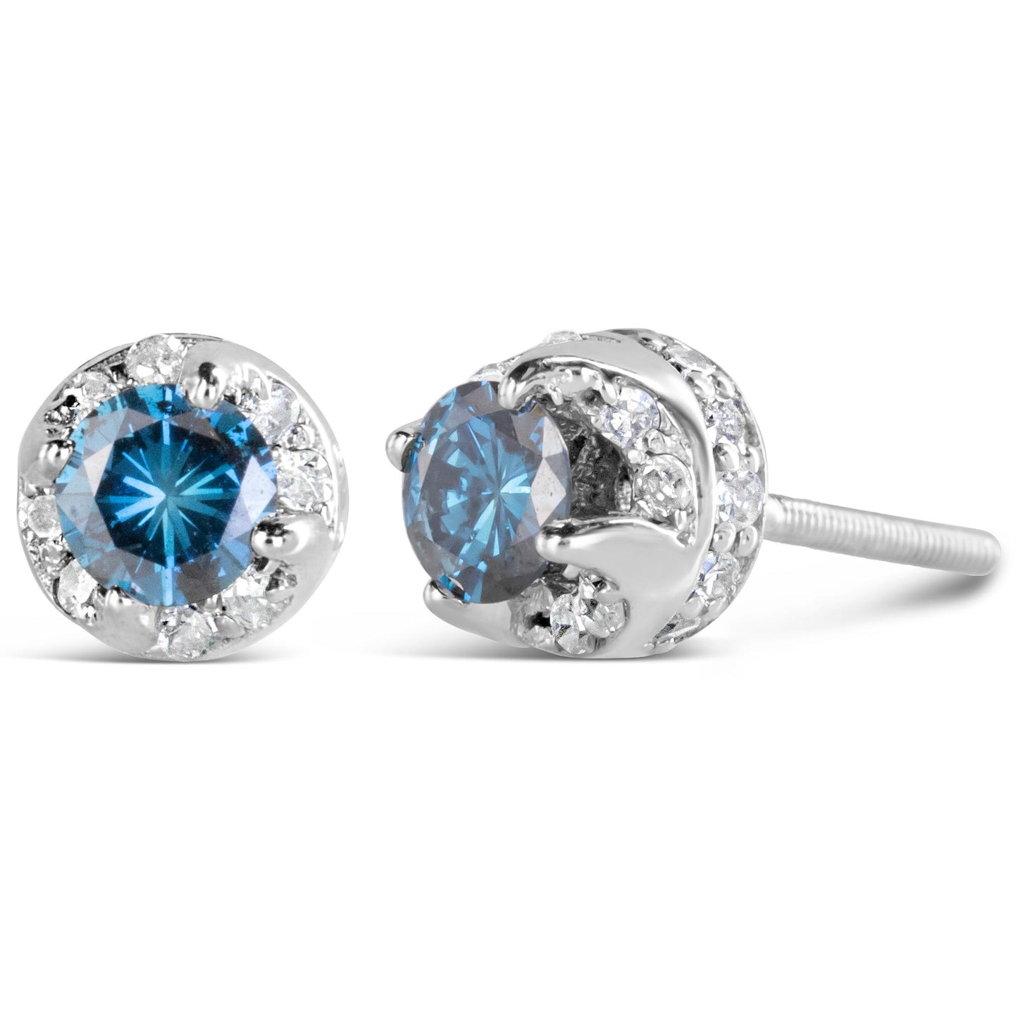 Close-up front and side view of white metal earrings with a central blue round gemstone surrounded by smaller white round gemstones in prong settings.