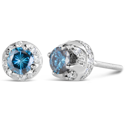 Close-up front and side view of white metal earrings with a central blue round gemstone surrounded by smaller white round gemstones in prong settings.