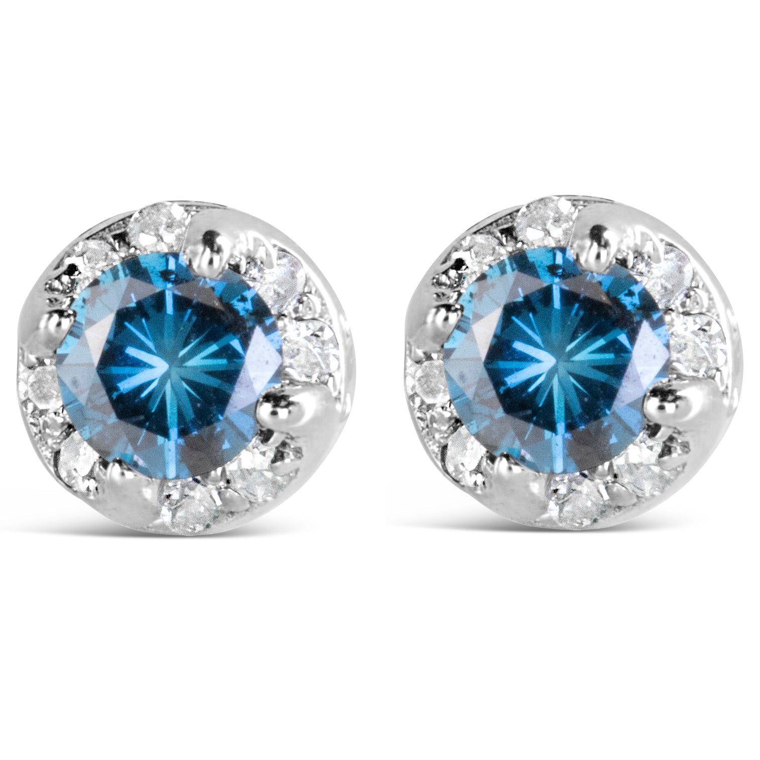 Front view of white round stud earrings featuring a central blue gemstone surrounded by smaller white gemstones in prong settings.