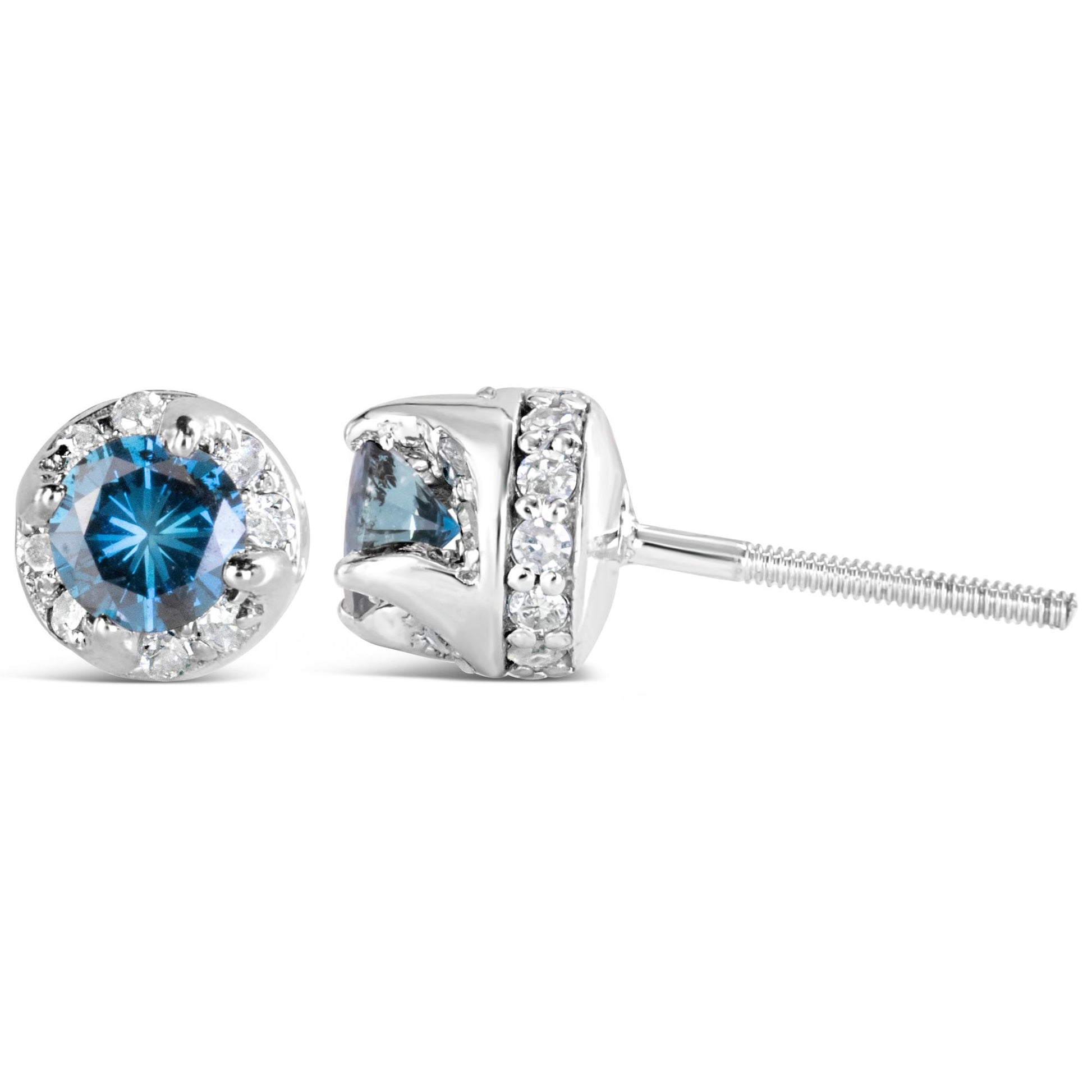Pair of white metal stud earrings with a round blue gemstone center surrounded by smaller white gemstones, shown from front and side angles.