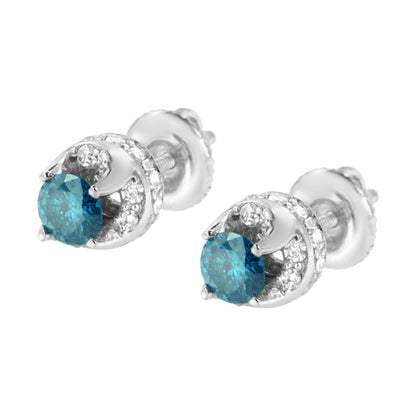 Pair of white metal stud earrings with round blue and white gemstones in prong settings, shown at an angled close-up.