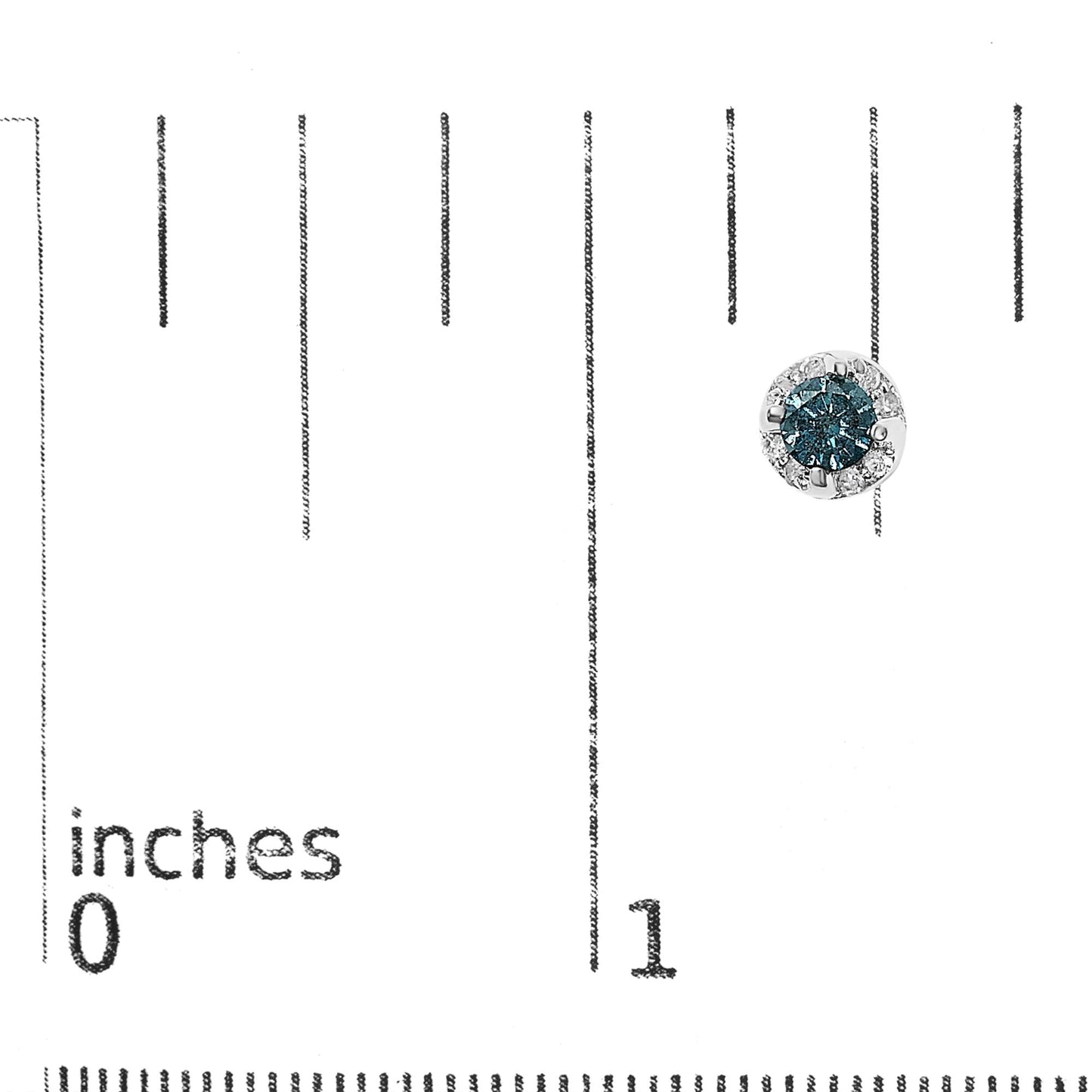 Close-up top view of a white metal round stud earring with a central blue gemstone surrounded by smaller white gemstones, placed on a ruler for size reference.