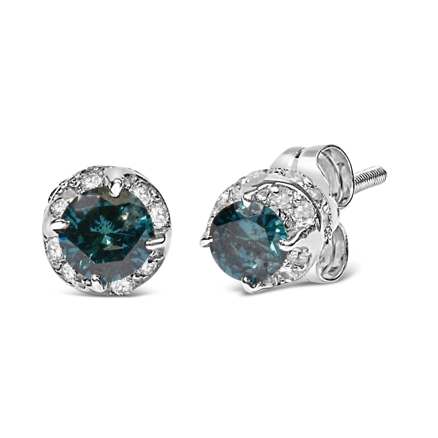 Pair of white metal stud earrings with round blue gemstones prong set in center, surrounded by round white gemstones in pave setting, shown from front and side angles.