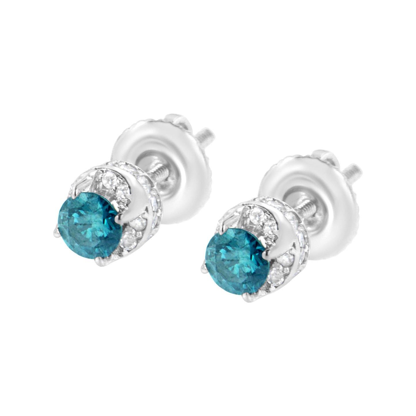 Pair of white metal stud earrings with round blue gemstones in prong settings, surrounded by small white gemstones in pave settings, shown from a front angled view.