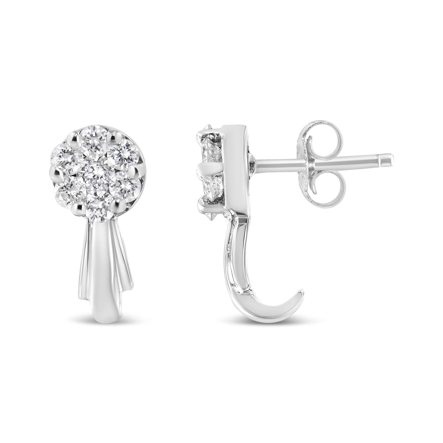 Front and side view of white metal stud earrings with cluster of round white gemstones in prong settings.