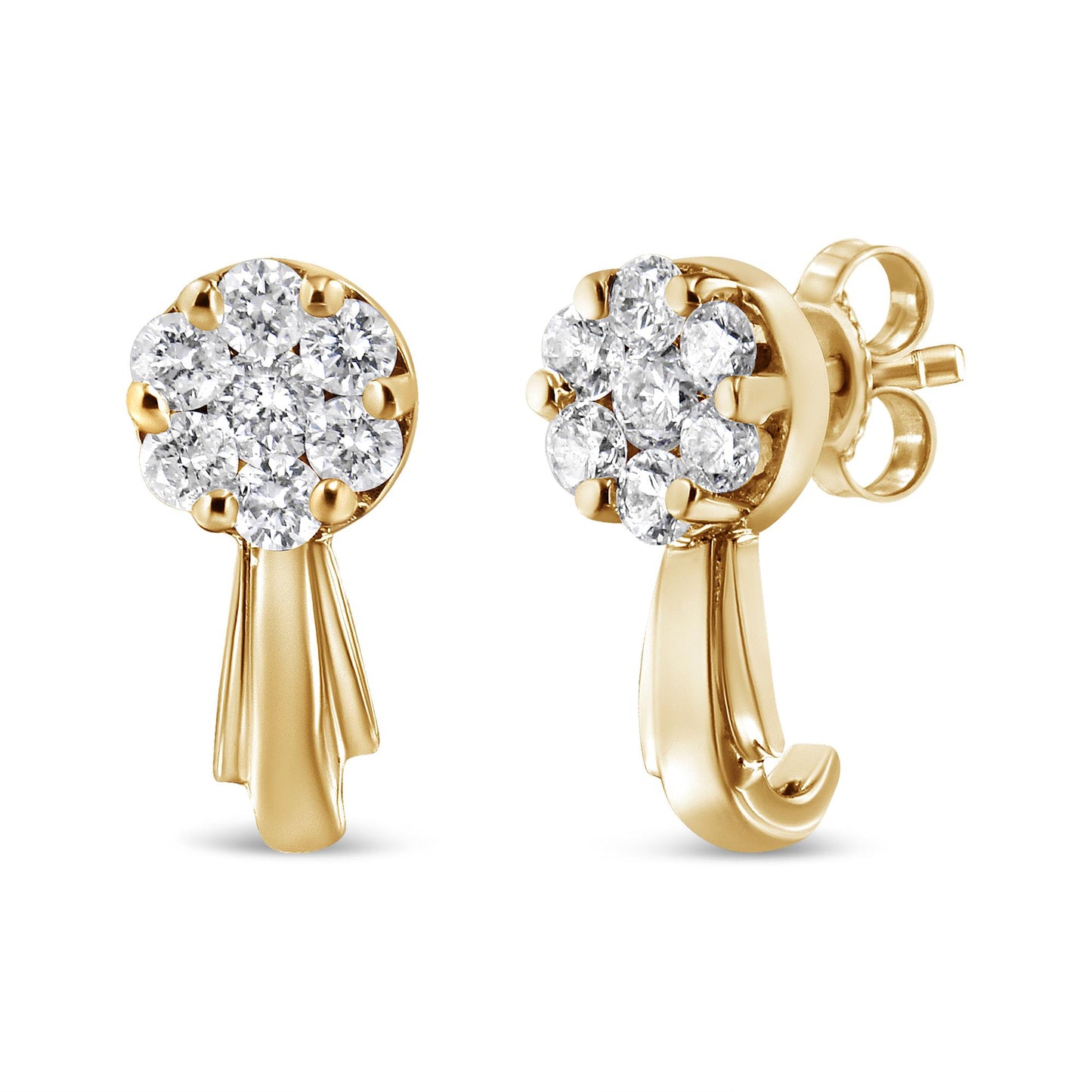Front and side angle of yellow metal earrings with clusters of round white gemstones in prong settings.