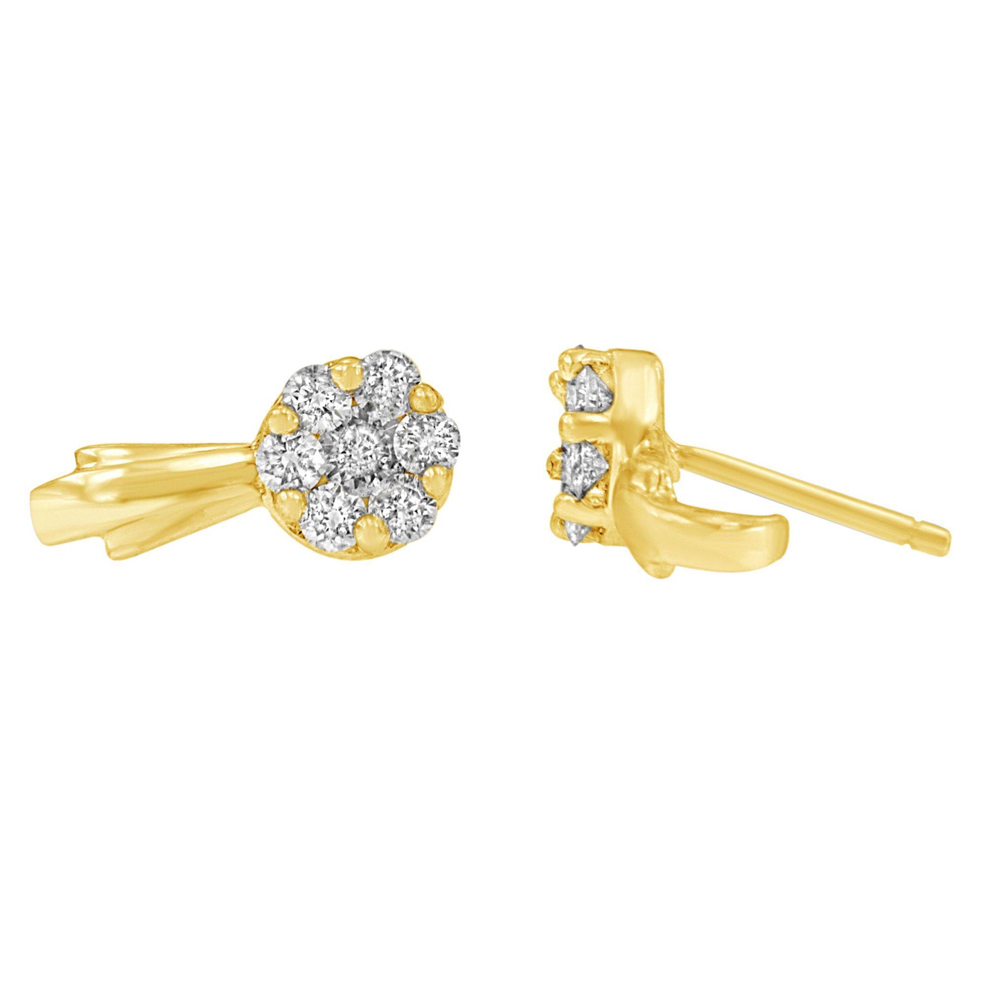 Pair of yellow metal stud earrings with round white gemstones in prong settings, front and side views against a white background.