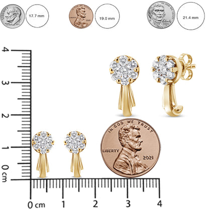 Pair of yellow metal earrings with round white gemstones in a cluster prong setting, shown from front and side angles on a ruler for size reference.