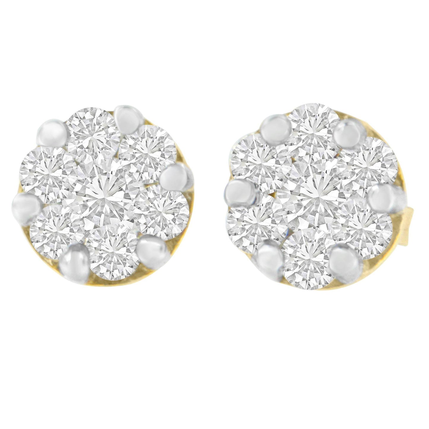 Close-up front view of a pair of yellow metal earrings featuring clusters of round white gemstones in prong settings.