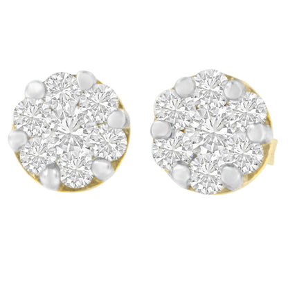 Close-up front view of a pair of yellow metal earrings featuring clusters of round white gemstones in prong settings.