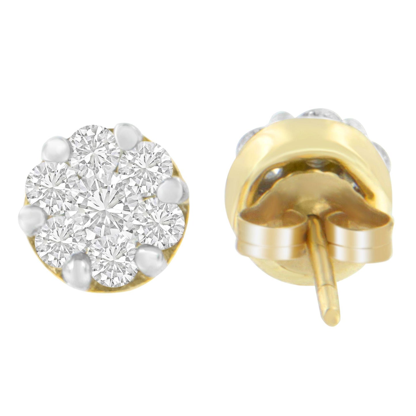Pair of yellow metal stud earrings with round white gemstones in prong settings, shown from front and back angles.