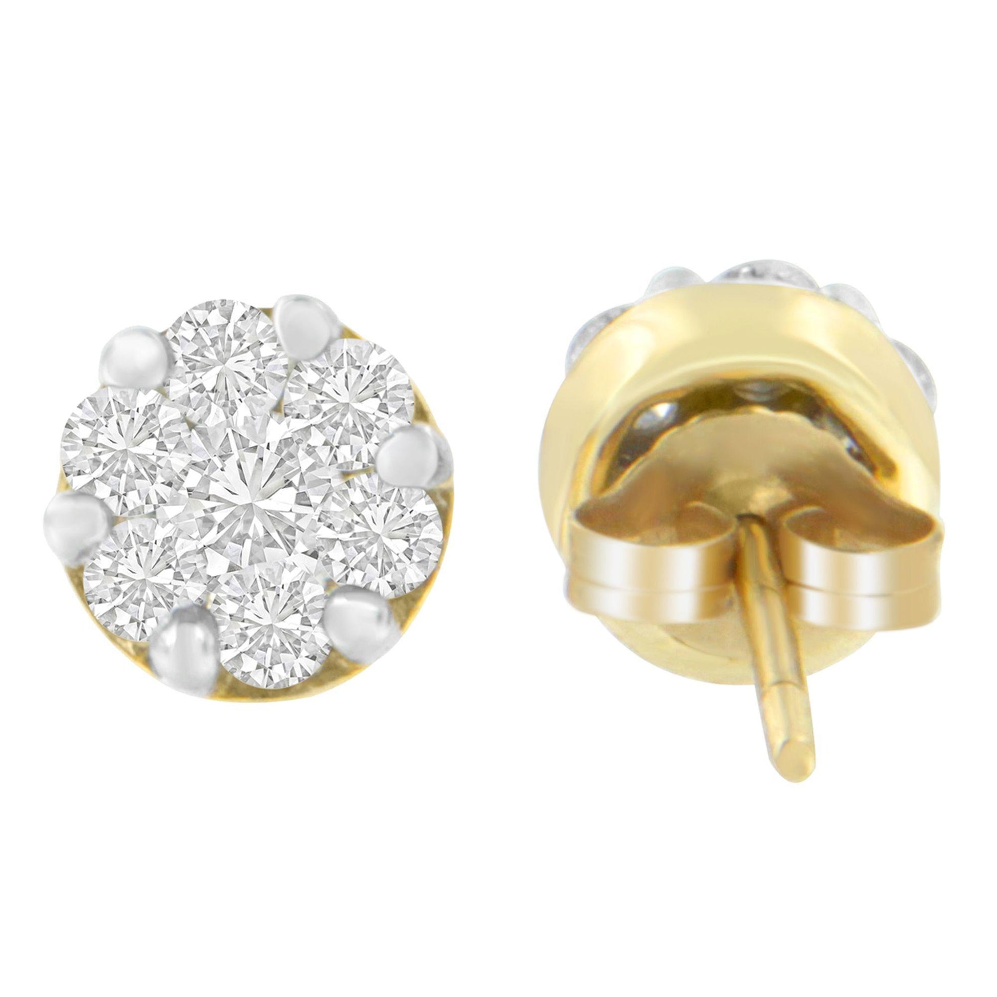 Pair of yellow metal stud earrings with round white gemstones in prong settings, shown from front and back angles.