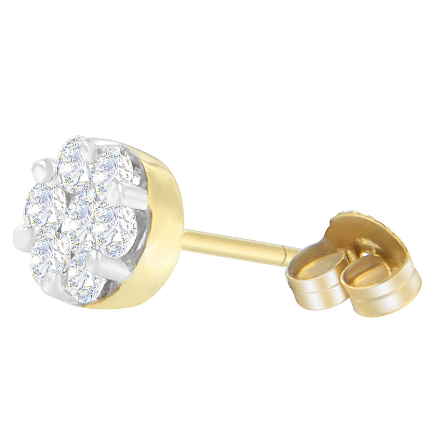 Close-up side angle of a yellow metal stud earring with cluster of round white gemstones in prong setting.
