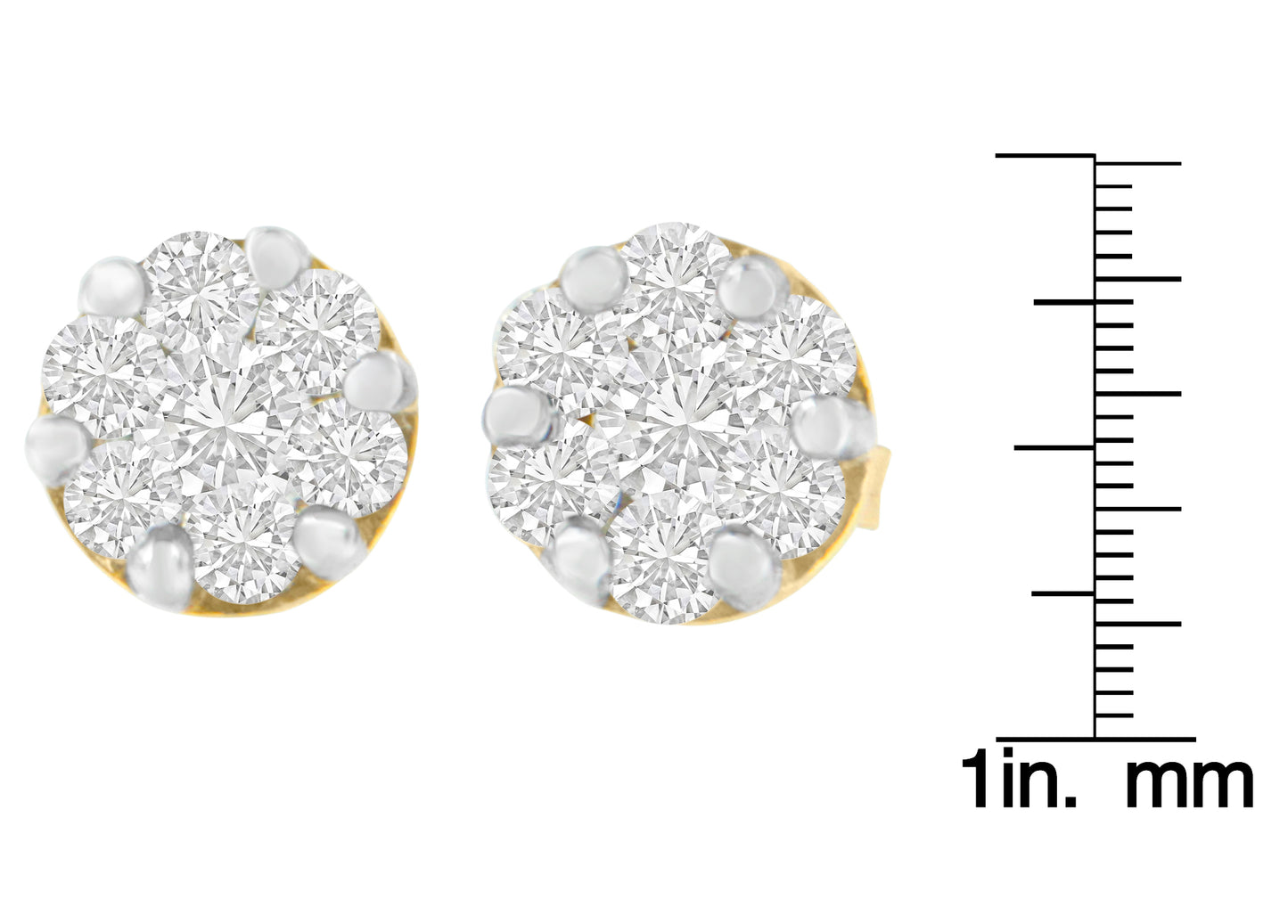 Close-up front view of yellow stud earrings with round white gemstones in prong settings, shown next to a ruler for size reference.