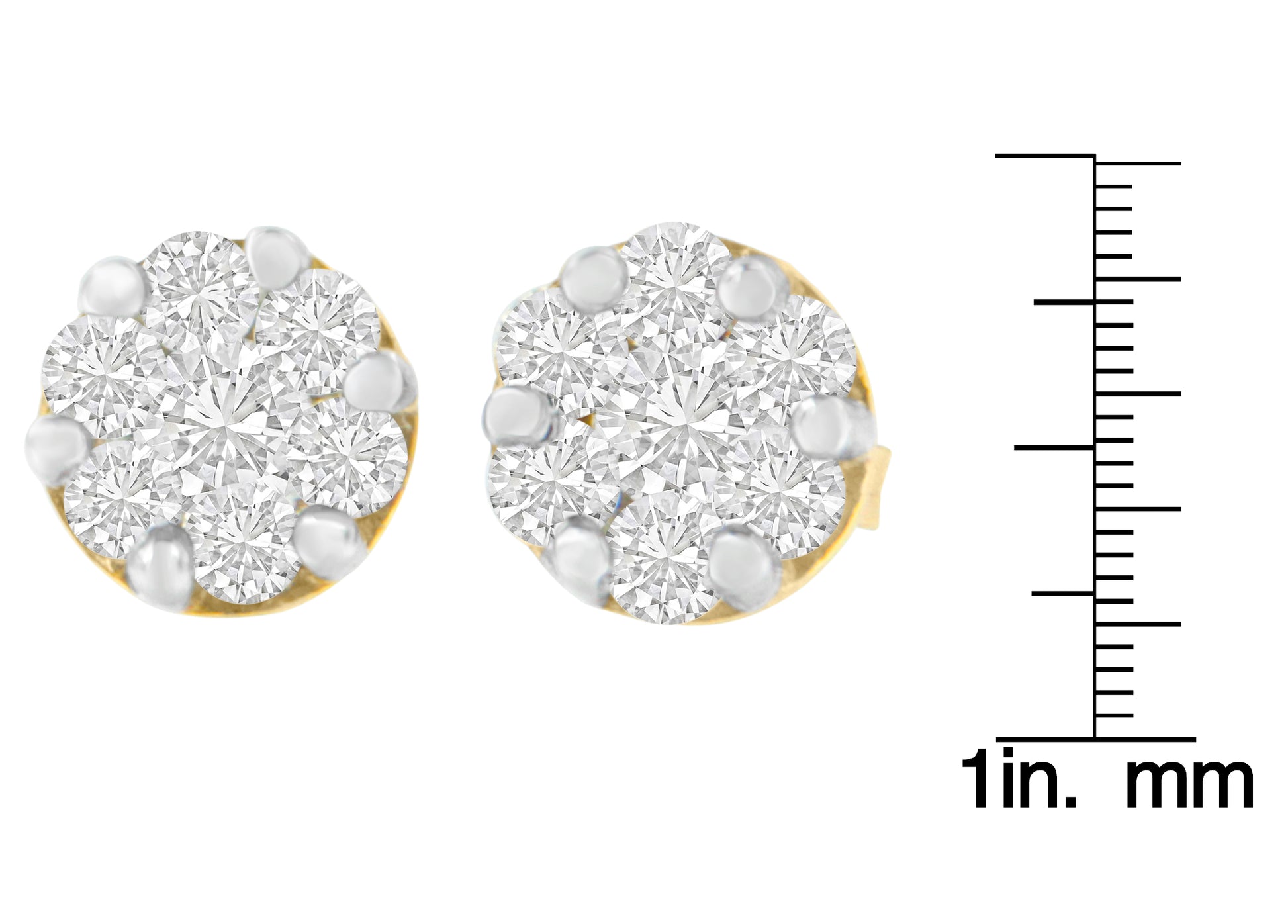 Close-up front view of yellow stud earrings with round white gemstones in prong settings, shown next to a ruler for size reference.