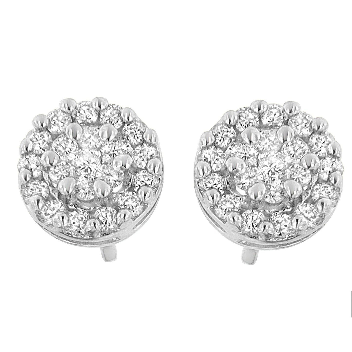 Front angle view of a pair of white metal round stud earrings with multiple white gemstones in prong settings.