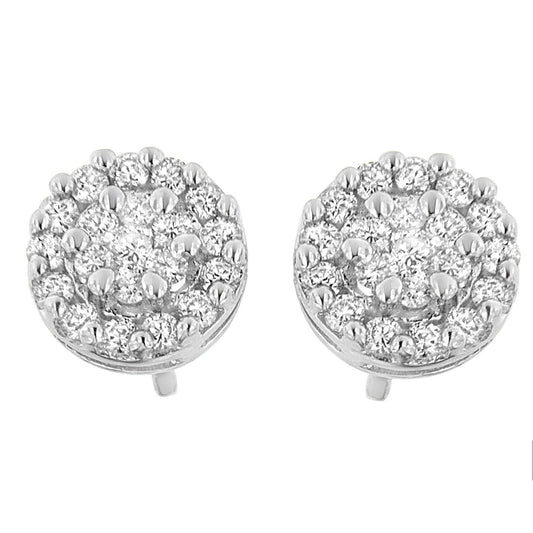 Front angle view of a pair of white metal round stud earrings with multiple white gemstones in prong settings.