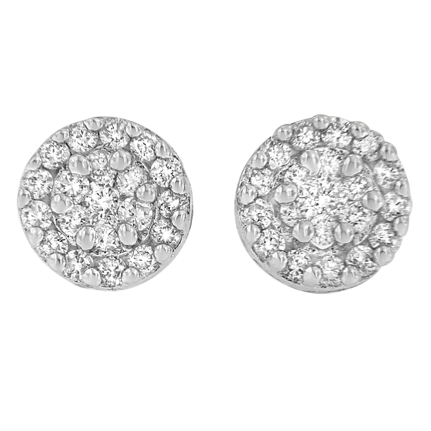 Top-down view of round white metal stud earrings with multiple round white gemstones in prong settings.