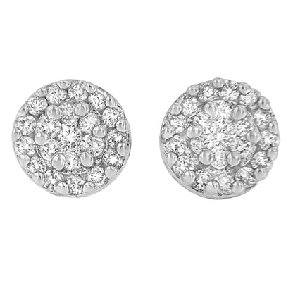 Top-down view of round white metal stud earrings with multiple round white gemstones in prong settings.