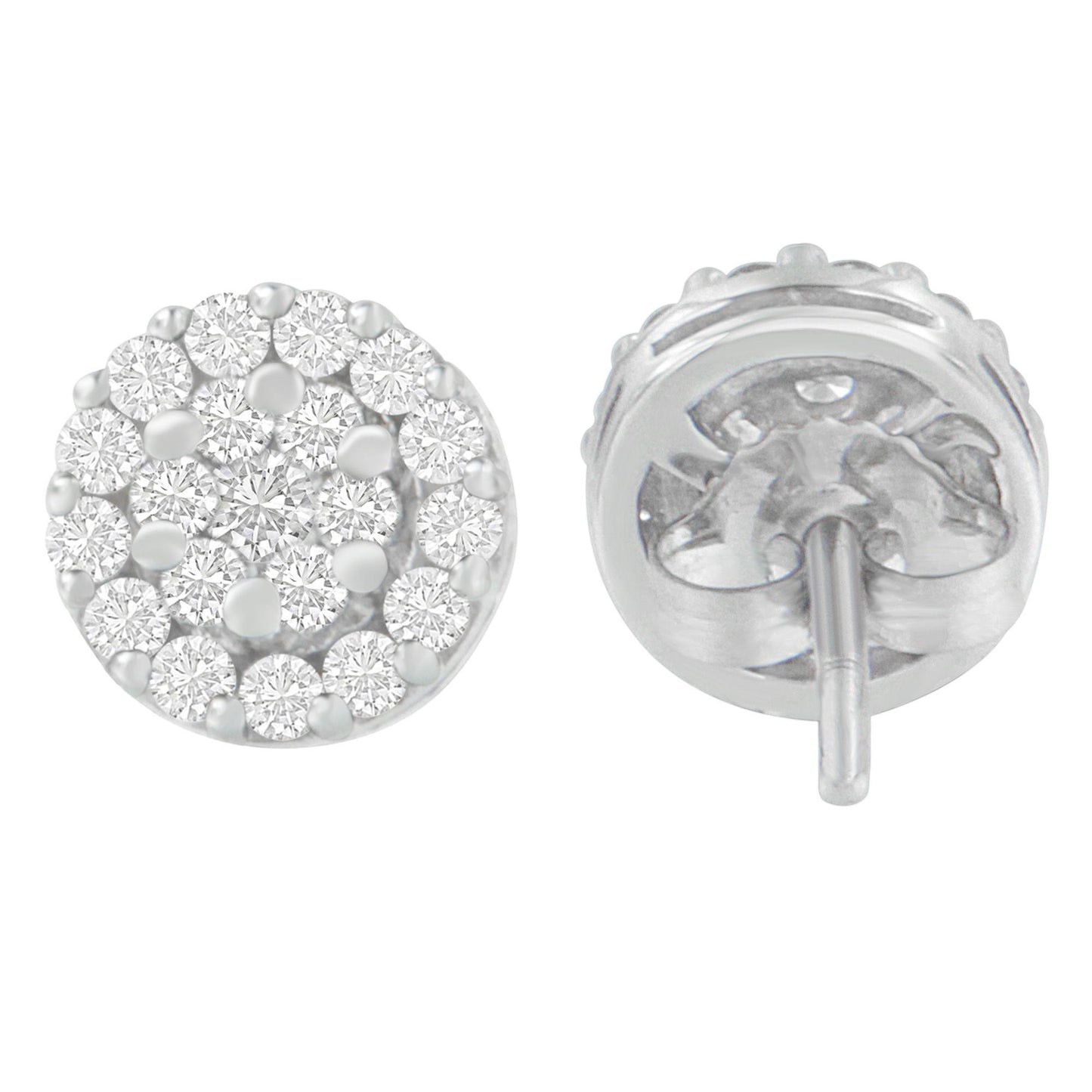 Pair of round white metal stud earrings with multiple round white gemstones in prong settings shown from front and back angles.