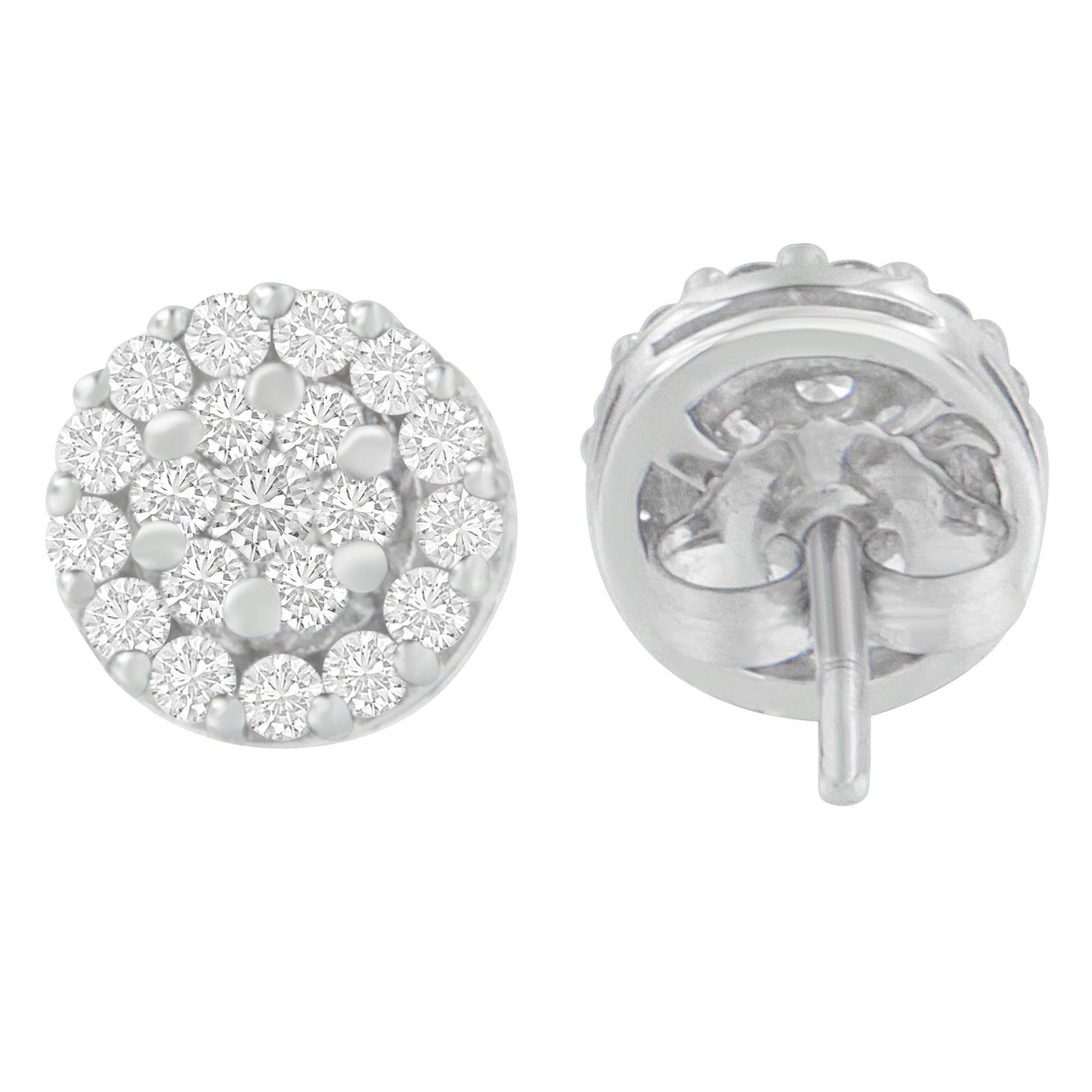 Pair of round white metal stud earrings with multiple round white gemstones in prong settings shown from front and back angles.