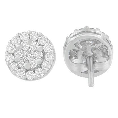 Pair of round white metal stud earrings with multiple round white gemstones in prong settings shown from front and back angles.