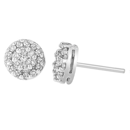 Close-up image of a pair of round white metal stud earrings with multiple small round white gemstones in prong settings, shown from front and side angles.