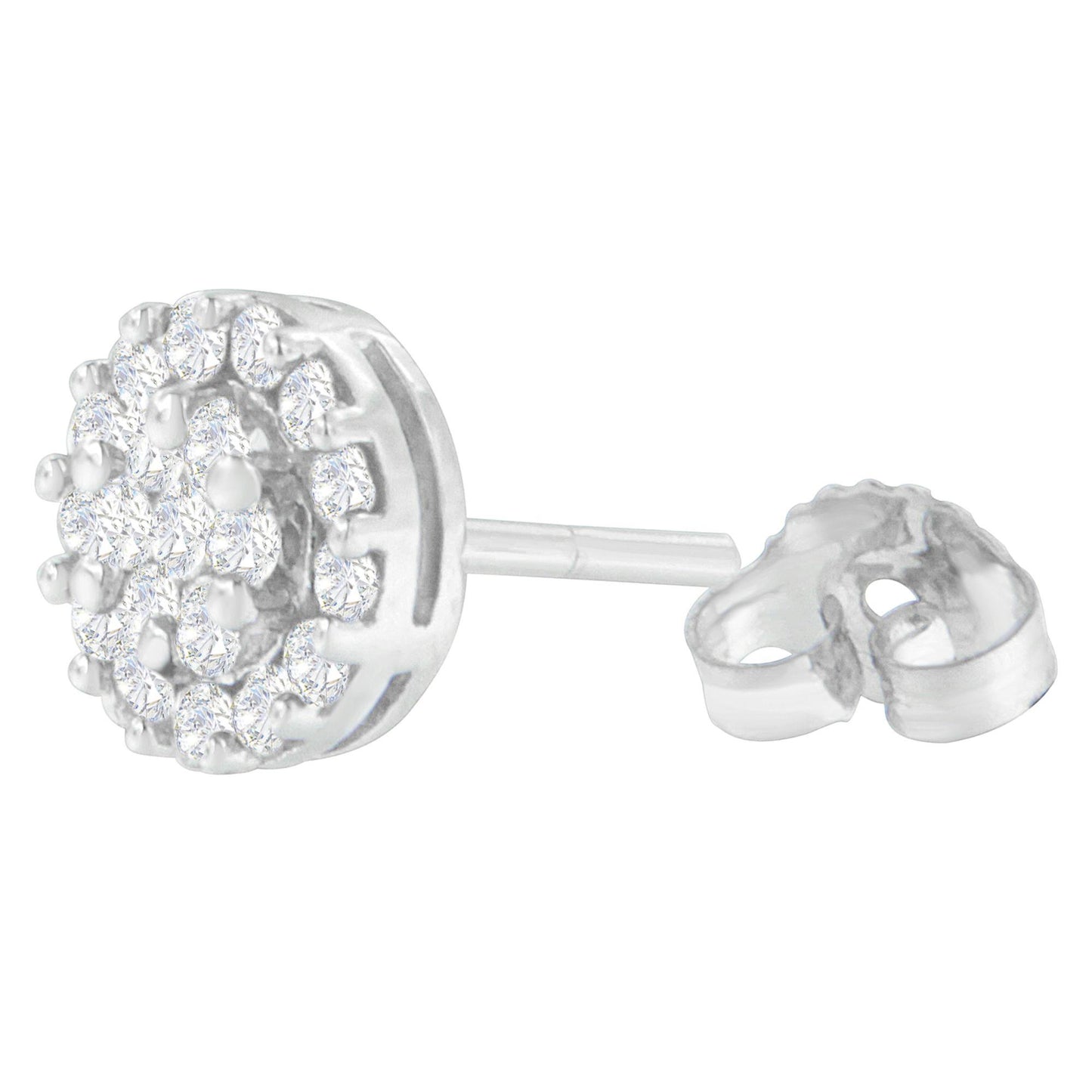 Close-up side angle of a white metal stud earring with round white gemstones in prong settings arranged in a cluster, showing the post and butterfly back.